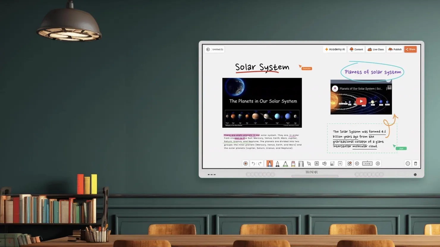 An Origami Academy whiteboard lesson on the Solar System displayed on the Trandar Kleo AI whiteboard in a classroom