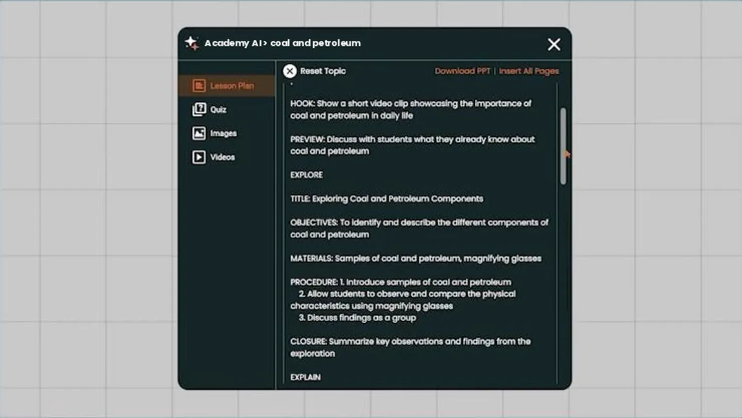 AI lesson plan generated on the board