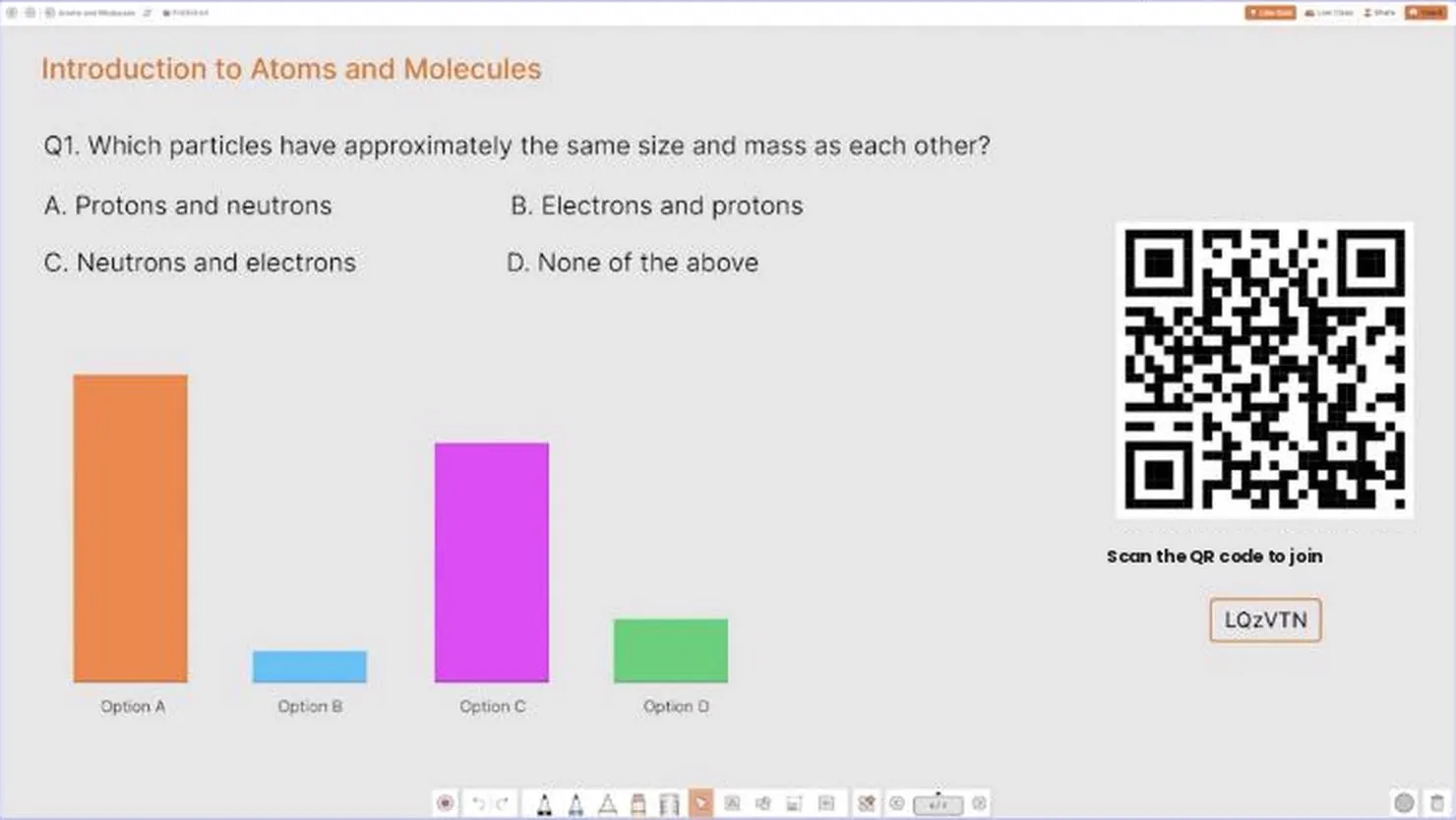 Live quiz with class results and a QR code to join