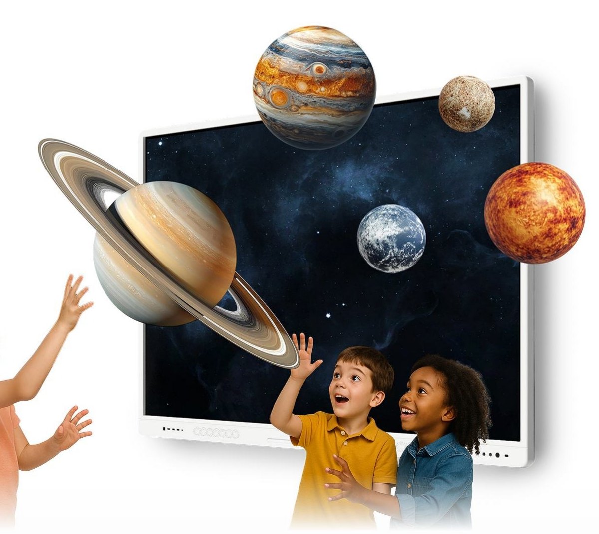 Children reaching for 3D planets coming out of the whiteboard