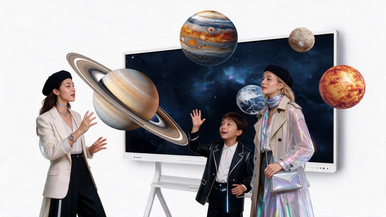 A teacher and students reaching for 3D planets coming out of the whiteboard