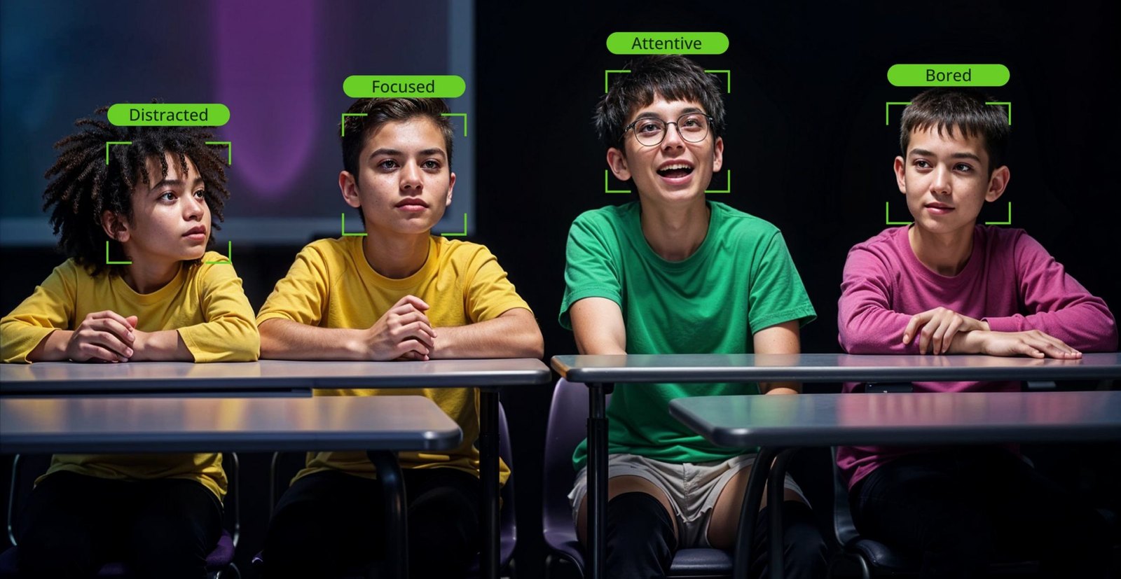 Students at desks, each labelled focused, attentive, distracted or bored