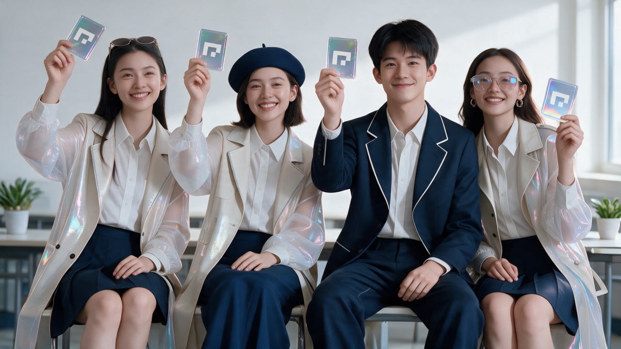 Students holding up printed answer cards for the camera to read