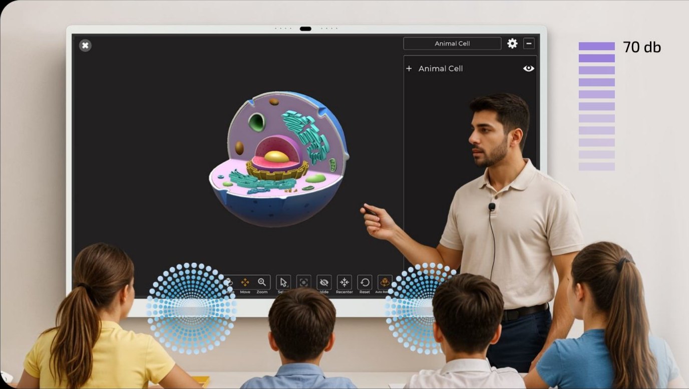 A teacher with a clip-on mic explains an animal cell model to students
