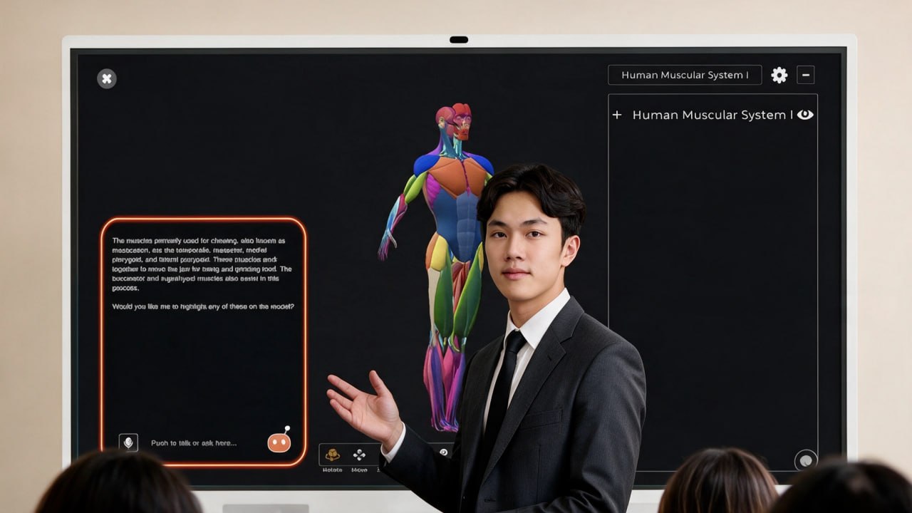 A presenter explains a 3D model of the human muscular system on the whiteboard while the AI answers in a side panel