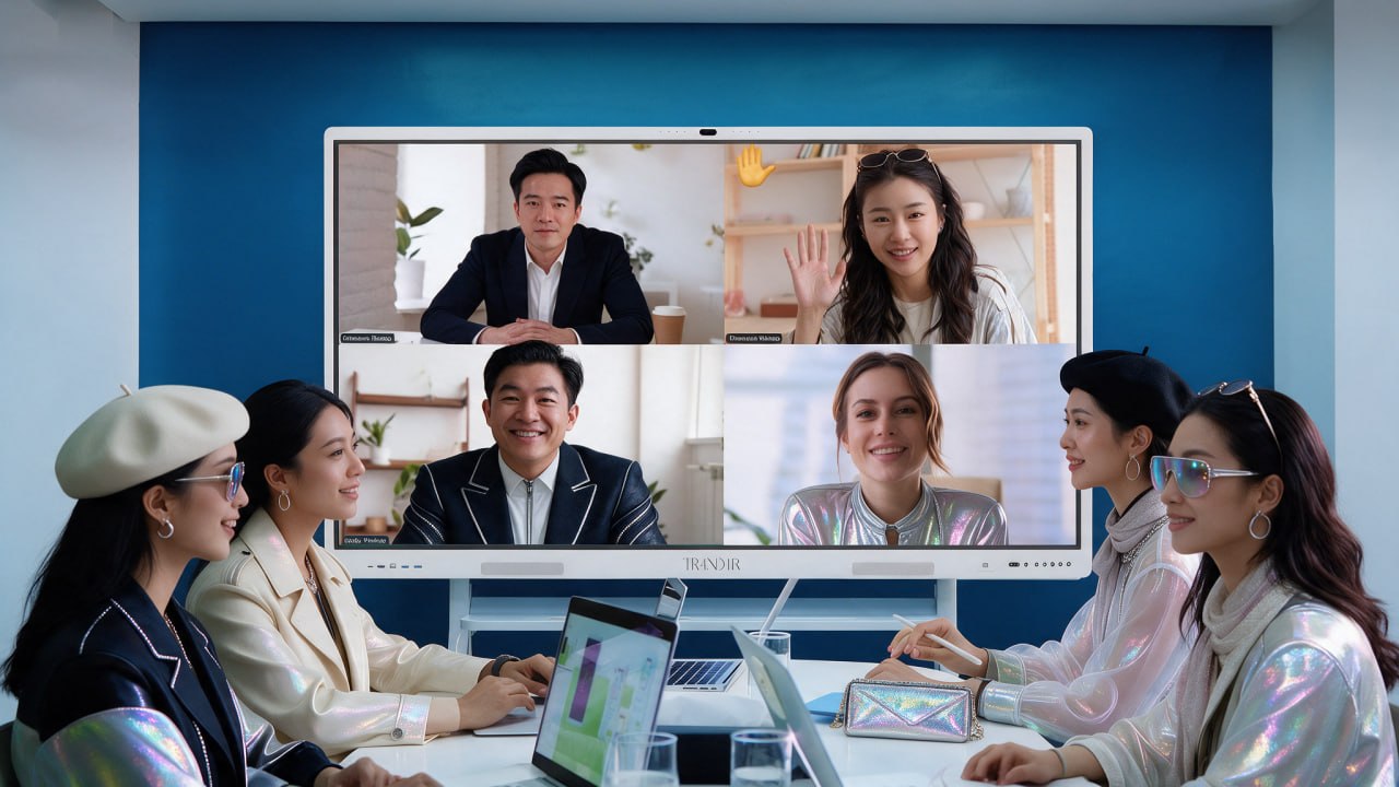 A team around a table on a video call with four remote colleagues on a Kleo whiteboard