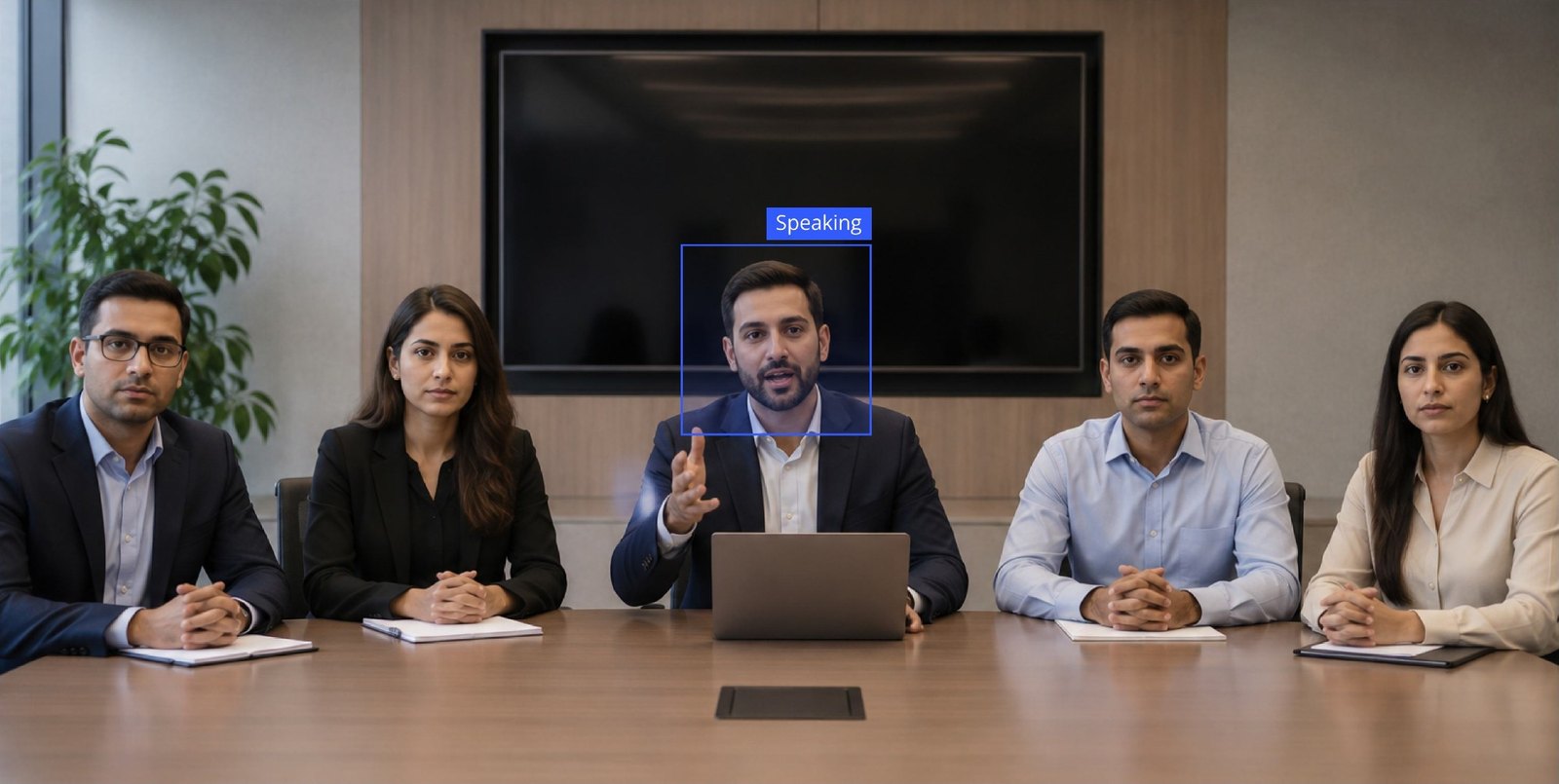 Five people at a meeting table, the camera framing the person speaking