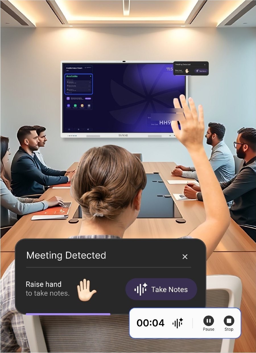 A meeting participant raises her hand and the whiteboard offers to take notes