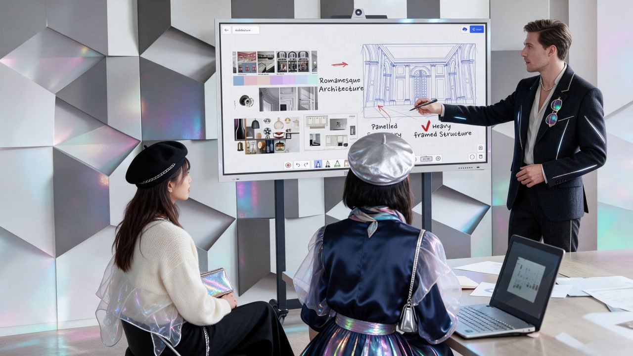 A designer presents architecture references on a Kleo whiteboard on a mobile stand