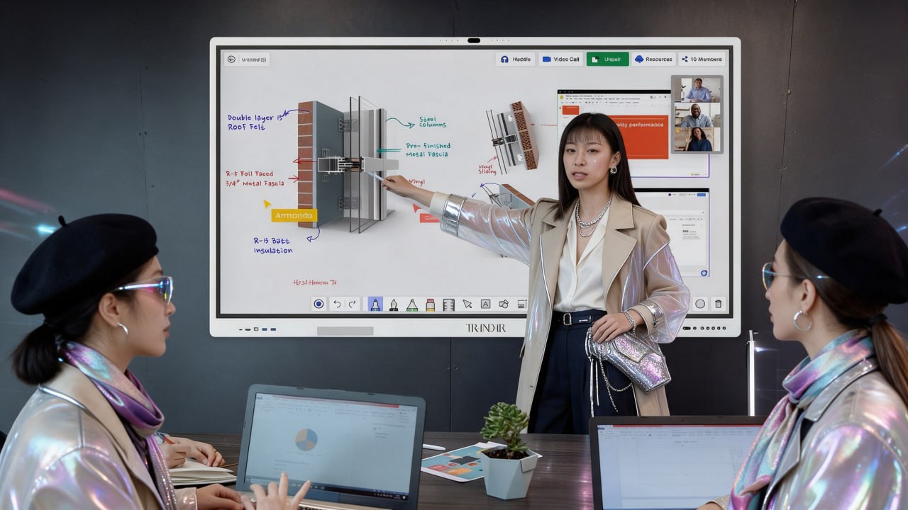 A presenter explains a wall section drawing on a wall-mounted Kleo whiteboard, with remote colleagues on screen
